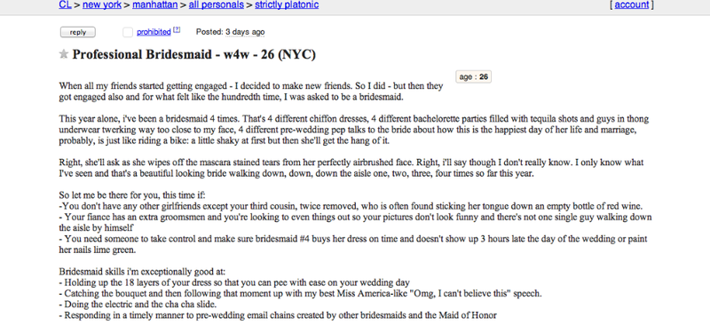 Illustration for article titled Woman Posts Ad for Herself As 'Professional Bridesmaid' On Craigslist